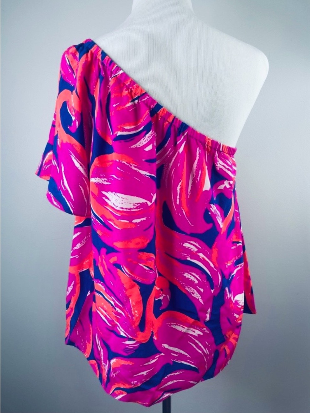 Lilly Pulitzer 100% Silk One-Shoulder Pink, Blue & Orange Abstract Print Top